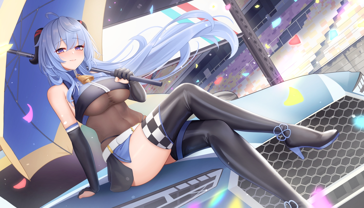 blue_hair, boots, breasts, car, ganyu_(genshin_impact), genshin_impact, horns, leotard, long_hair, purple_eyes, skirt, thighhighs, umbrella, wei_xiao