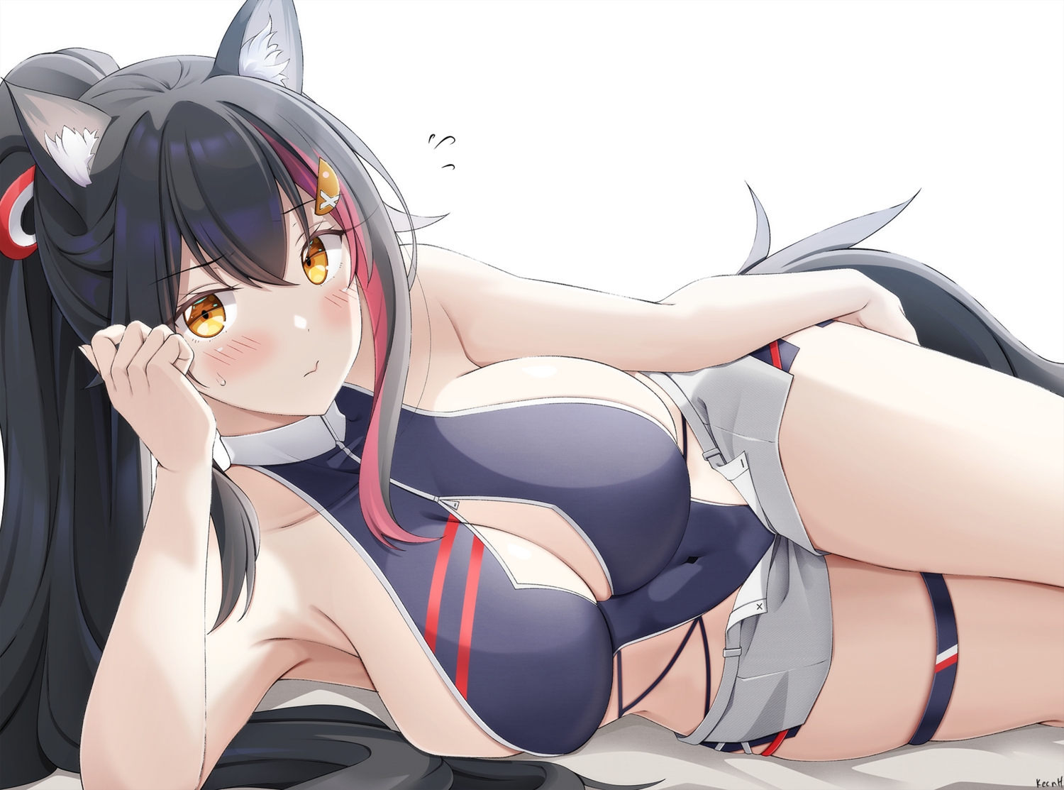 animal_ears, black_hair, blush, breasts, cleavage, garter, hololive, keenh