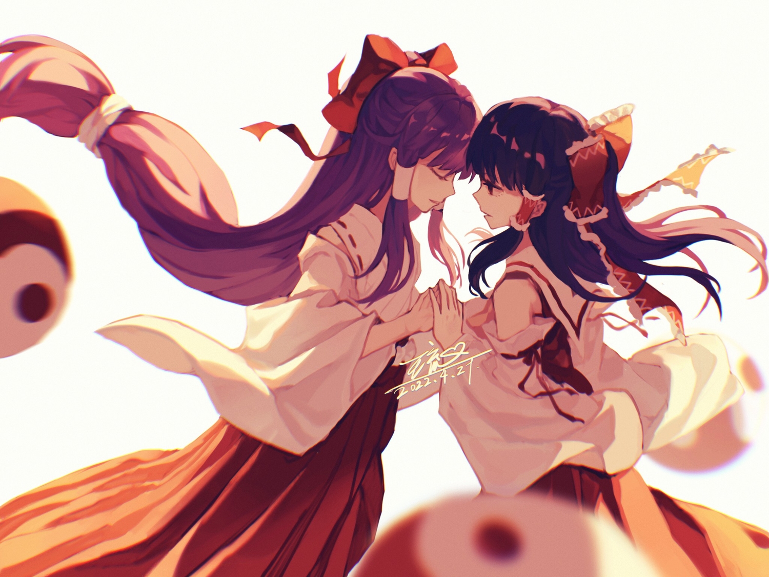 2girls, hakurei_reimu, japanese_clothes, miko, polychromatic, ryuh_(asahina_neru), touhou