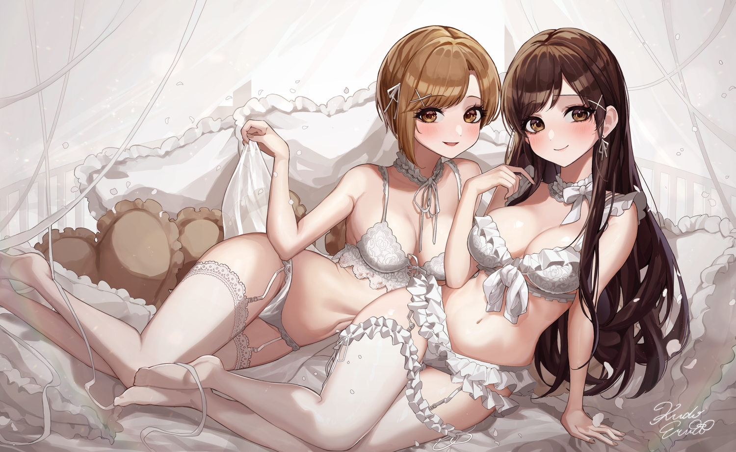 2girls, aiba_yumi, bra, brown_eyes, brown_hair, garter_belt, idolmaster, idolmaster_cinderella_girls, kudo_eru, long_hair, navel, nitta_minami, panties, short_hair, signed, stockings, underwear