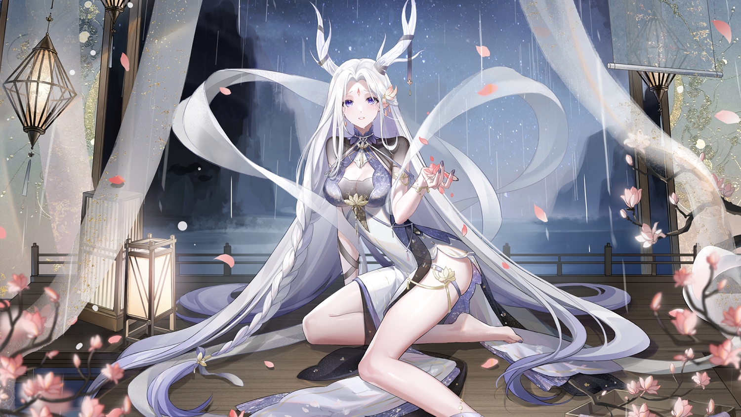 ao_la_xing, braids, cherry_blossoms, chinese_clothes, chinese_dress, dress, flowers, gray_hair