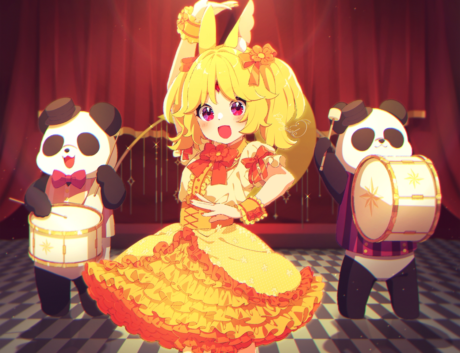 animal, animal_ears, bear, blonde_hair, blush, bow, corset, cropped
