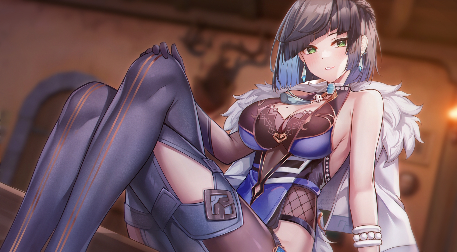 black_hair, blush, breasts, choker, cleavage, eric_(tianqijiang), genshin_impact, green_eyes, necklace, short_hair, sideboob, wristwear, yelan_(genshin_impact)