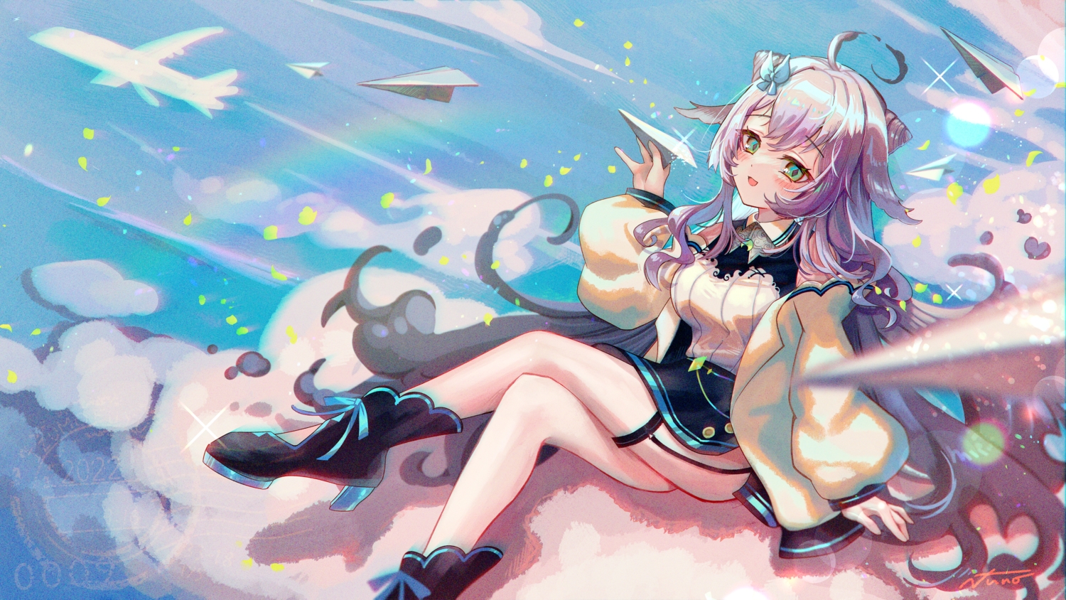 clouds, garter, green_eyes, long_hair, open_shirt, purple_hair, signed, sky, yukinuno