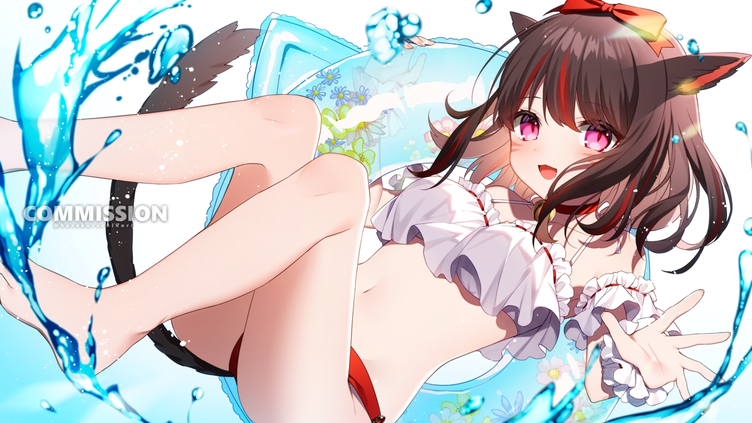 animal_ears, barefoot, bell, bikini, bow, brown_hair, catgirl, collar, final_fantasy, final_fantasy_xiv, hazakura_chikori, headband, miqo'te, navel, purple_eyes, swim_ring, swimsuit, tail, water, watermark
