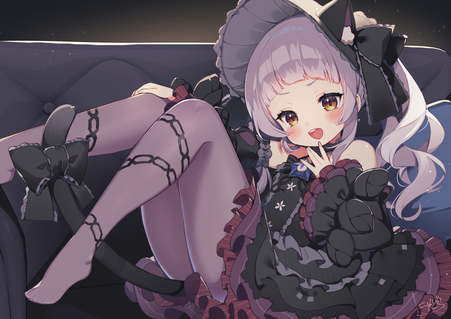 animal_ears, catgirl, couch, goth-loli, gray_hair, hat, hololive, loli, lolita_fashion, long_hair, murasaki_shion, nyasunyadoora, pantyhose, signed, tail, twintails, upskirt, yellow_eyes