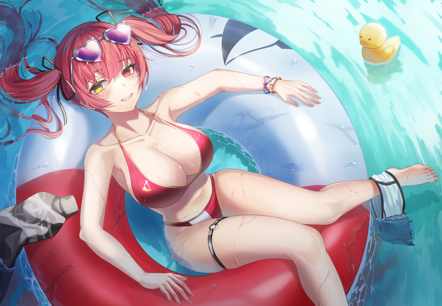 barefoot, bicolored_eyes, bikini, breasts, cleavage, garter, hololive, houshou_marine, long_hair, navel, purple_hair, red_eyes, rubber_duck, shorts, slime_nyang, sunglasses, swim_ring, swimsuit, twintails, undressing, water, wet, yellow_eyes