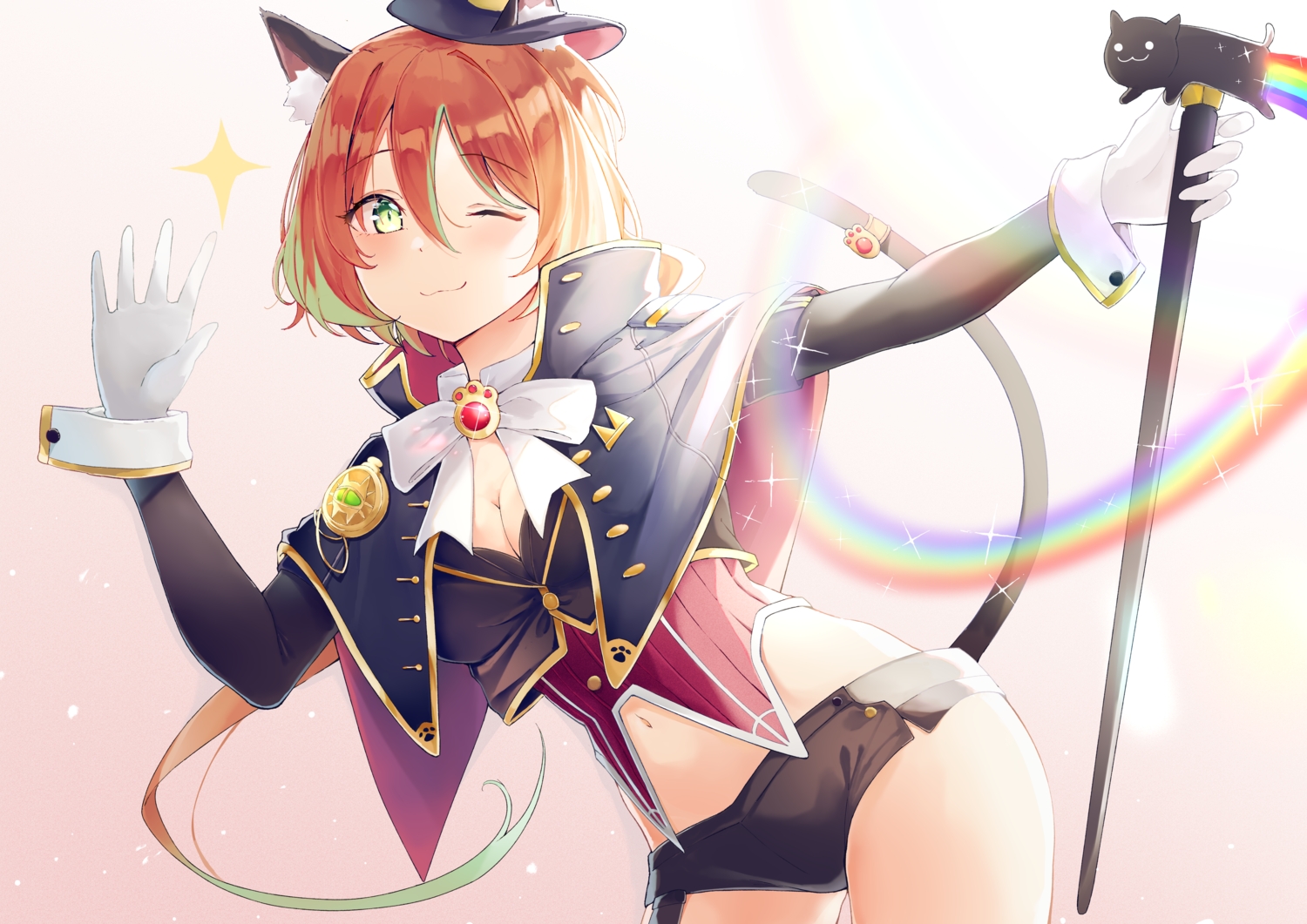 animal_ears, breasts, catgirl, cat_smile, cleavage, green_eyes, hat, kou_futoshi