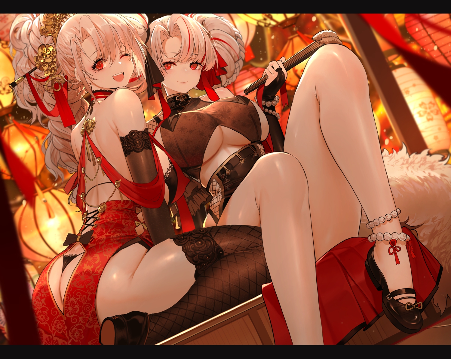 2girls, anthropomorphism, ass, azur_lane, breasts, chinese_clothes, dishwasher1910, elbow_gloves