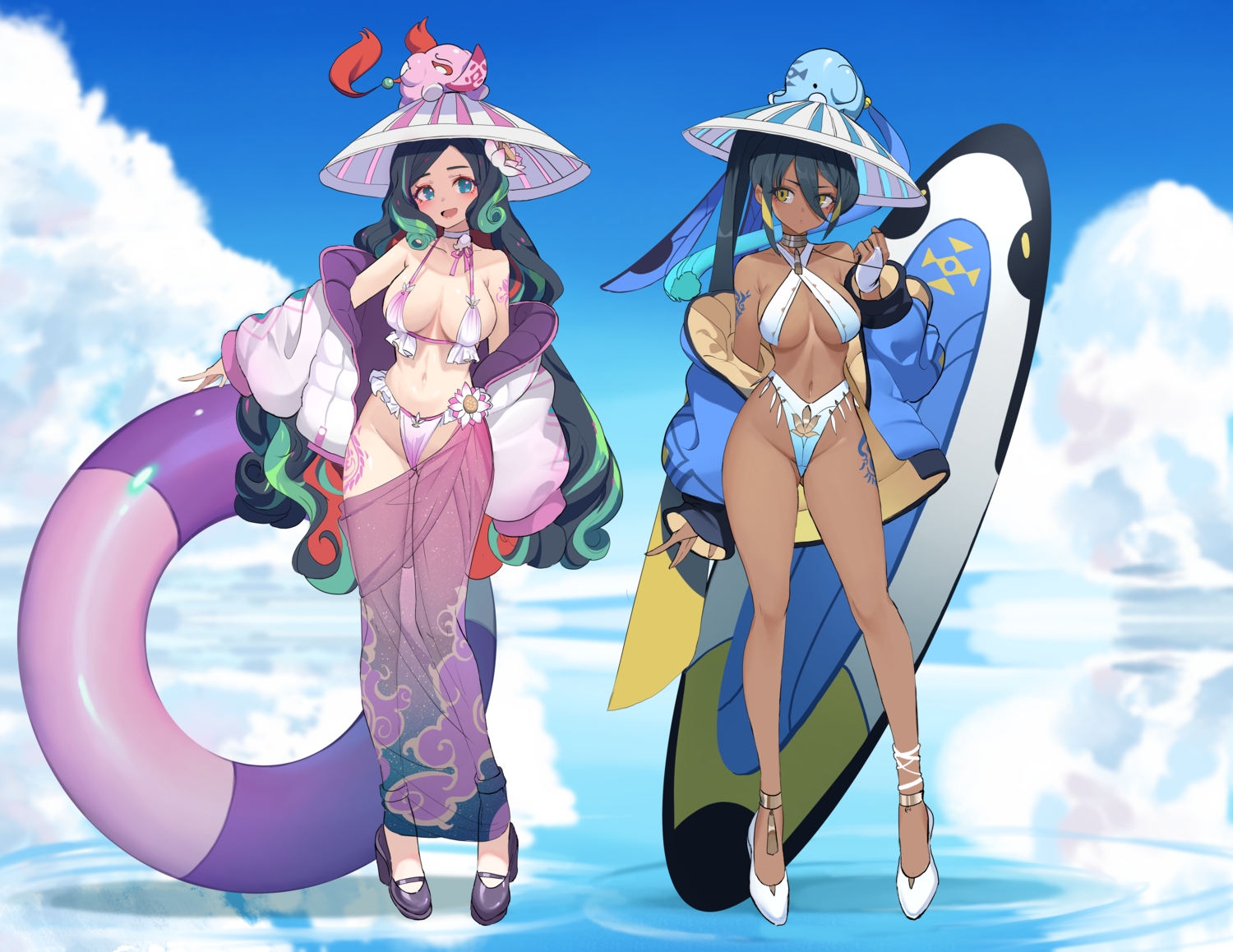 2girls, aqua_eyes, bikini, black_hair, breasts, clouds, dark_skin, dishwasher1910