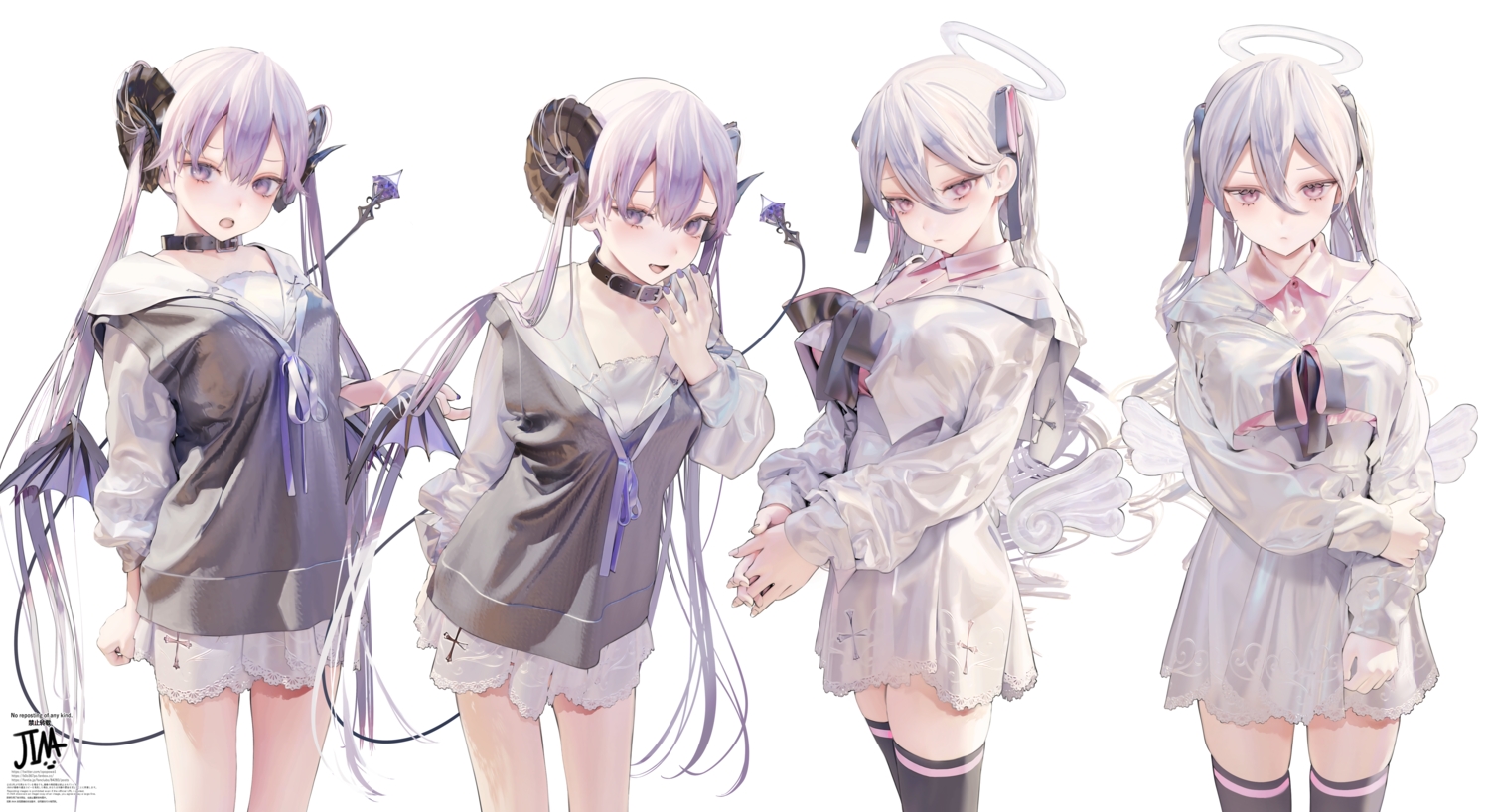 2girls, angel, collar, demon, dress, goth-loli, gray_hair, halo