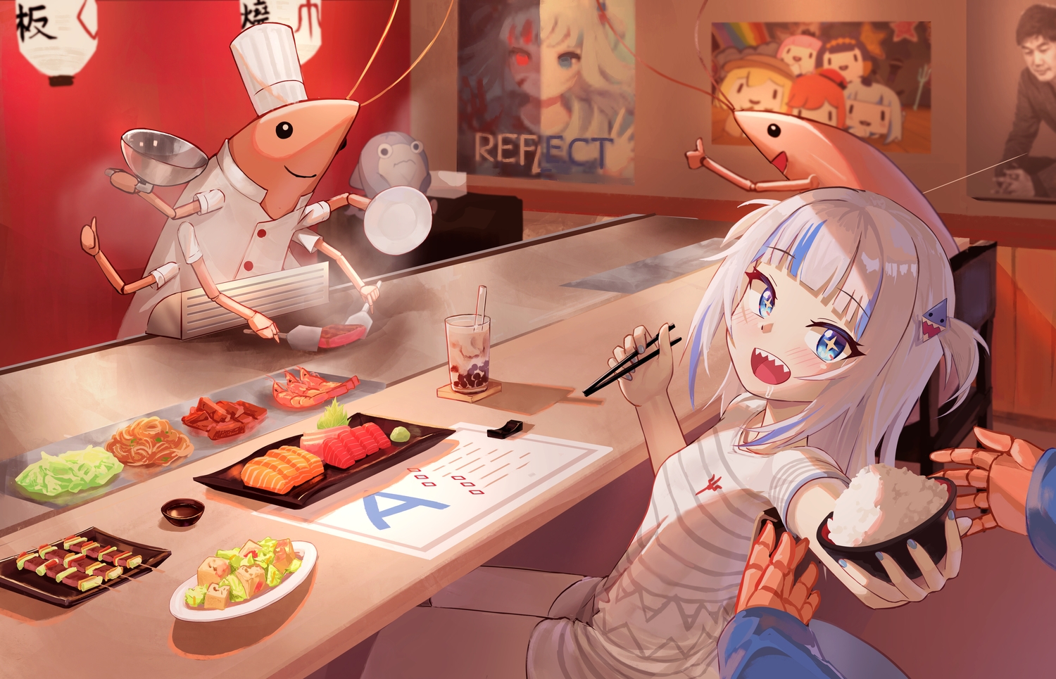 aqua_eyes, blush, drink, food, gawr_gura, gray_hair, hirotaka0125, hololive, short_hair, twintails