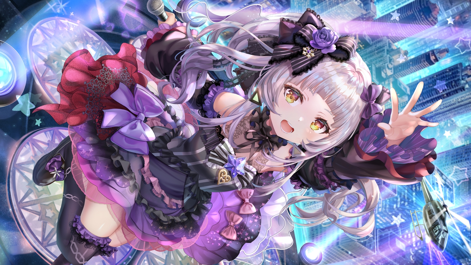 bow, building, city, goth-loli, green_hair, hololive, lolita_fashion, long_hair