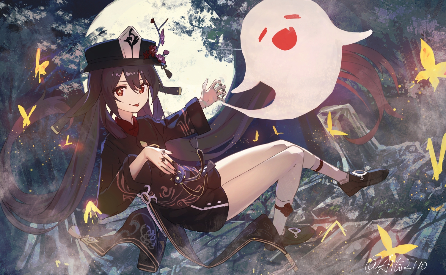 aito, brown_eyes, brown_hair, clouds, genshin_impact, hat, hu_tao_(genshin_impact), long_hair
