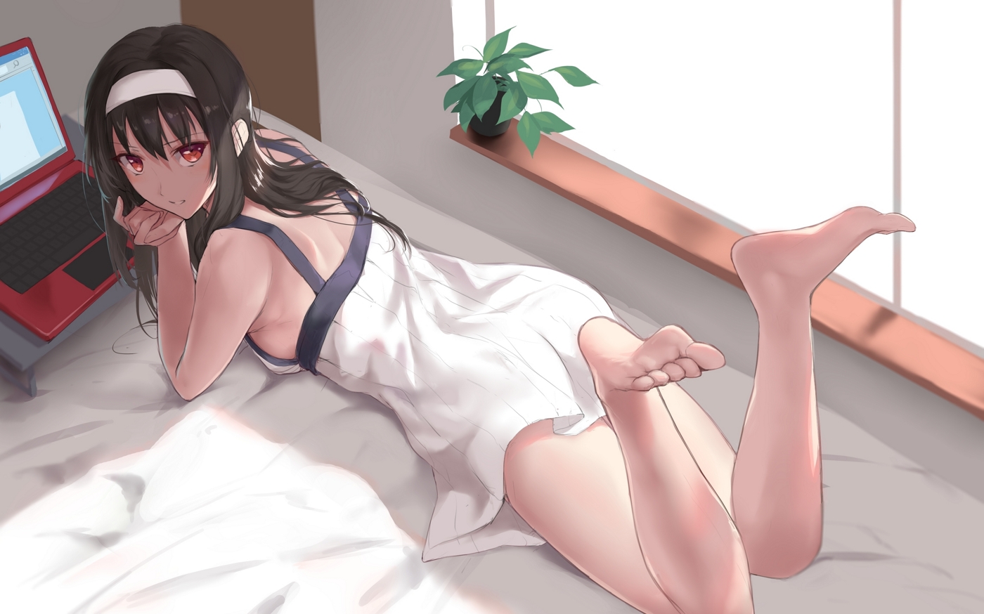 barefoot, bed, black_hair, computer, den_(kur0_yuki), dress, headband, kasumigaoka_utaha