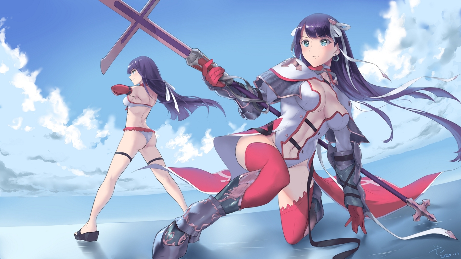 2girls, armor, bikini, clouds, cross, den_(kur0_yuki), fate/grand_order, fate_(series)