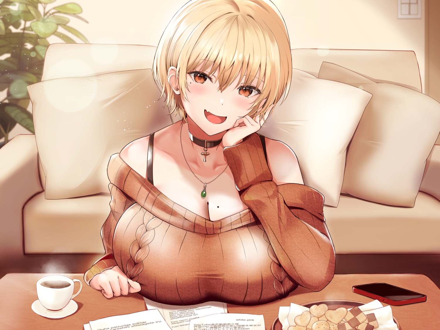 blonde_hair, blush, breasts, choker, cleavage, couch, cross, drink, necklace, orange_eyes, original, phone, short_hair, takaharu