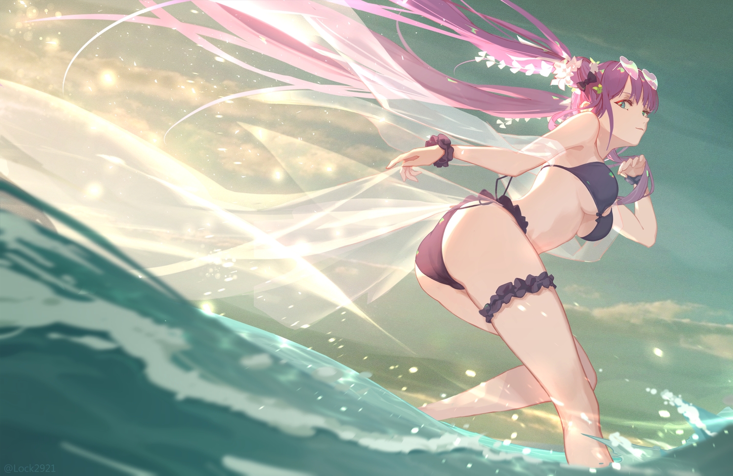 ass, bikini, breasts, clouds, fate/grand_order, fate_(series), garter, green_eyes