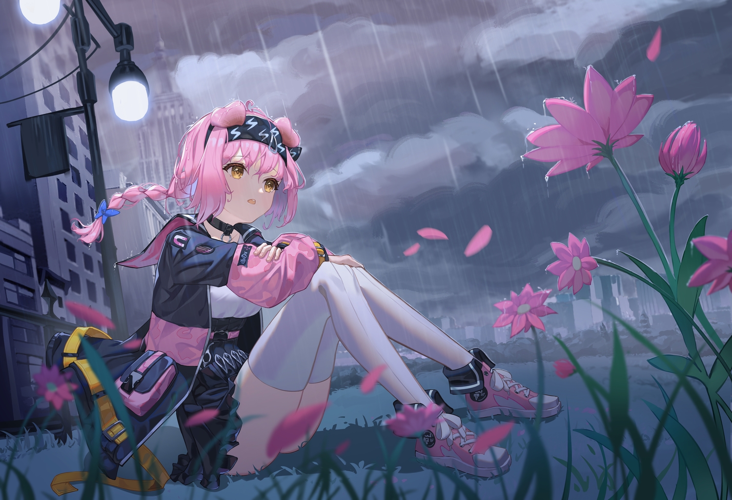 al_guang, animal_ears, arknights, braids, building, catgirl, city, clouds, collar, flowers, goldenglow_(arknights), grass, night, petals, pink_hair, ponytail, rain, skirt, sky, thighhighs, water, yellow_eyes
