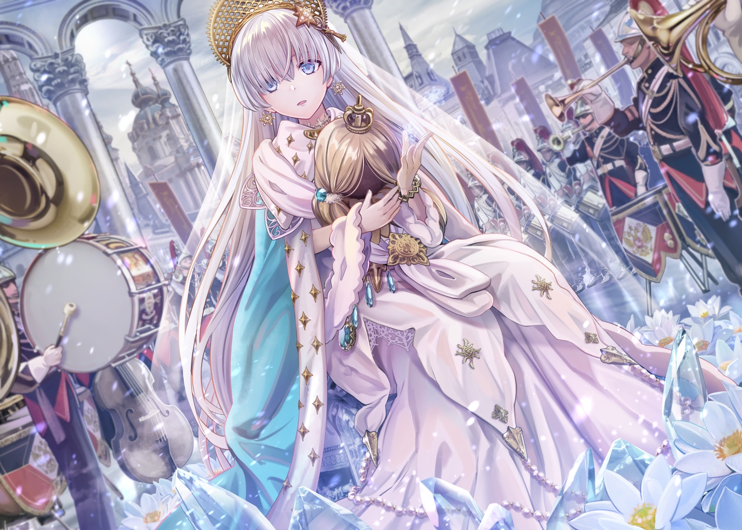 anastasia_(fate/grand_order), blue_eyes, building, cape, city, clouds, dress, drums