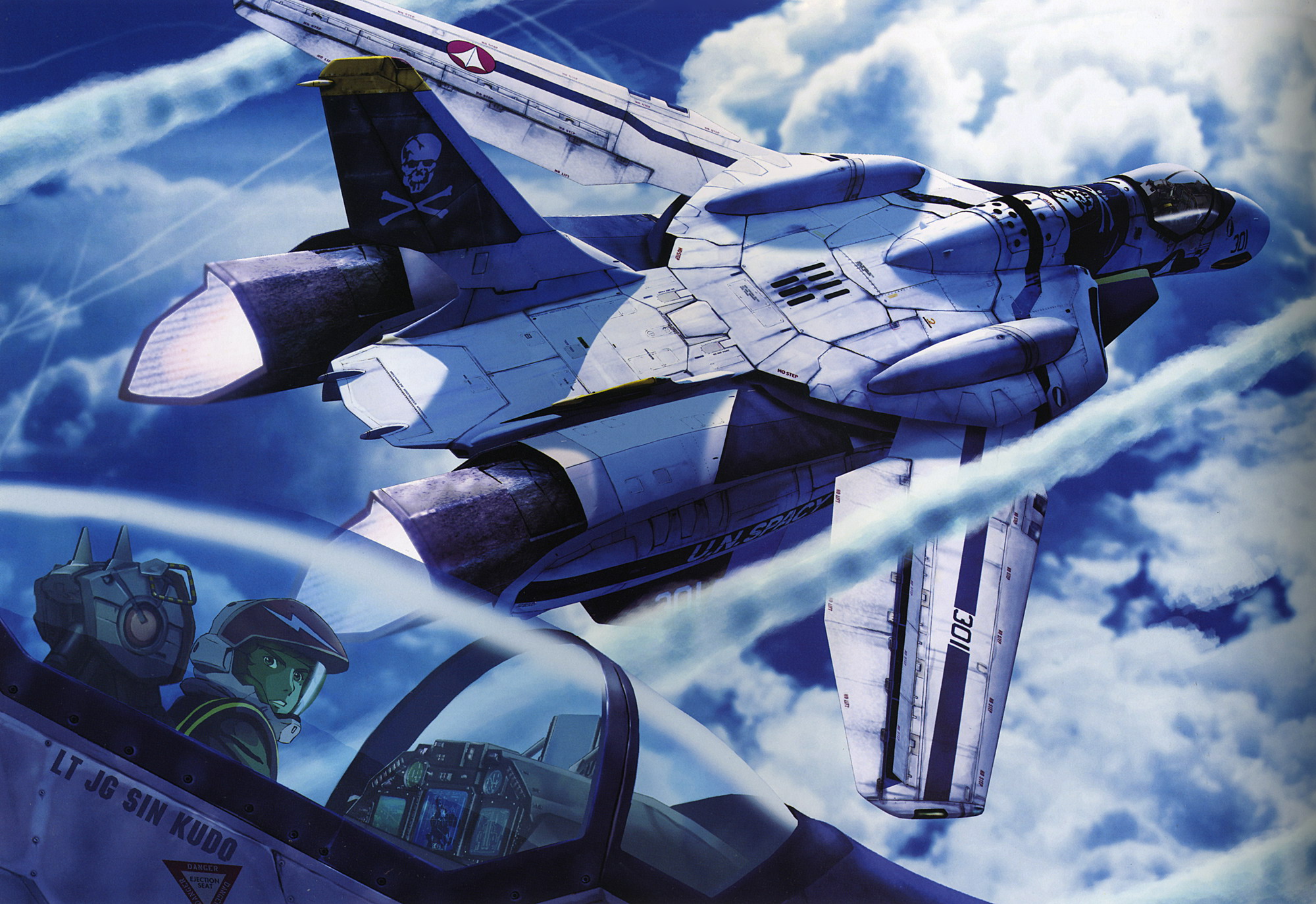 aircraft, clouds, combat_vehicle, jpeg_artifacts, kudou_shin, macross, macross_zero, roy_focker, scan, sky, tenjin_hidetaka