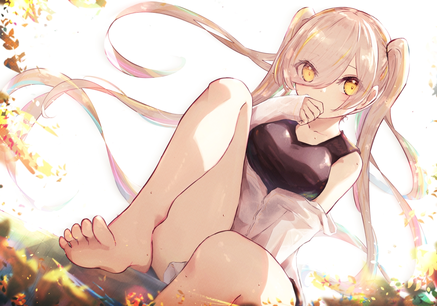 barefoot, brown_hair, long_hair, open_shirt, original, polychromatic, reizouko, twintails, water, yellow_eyes
