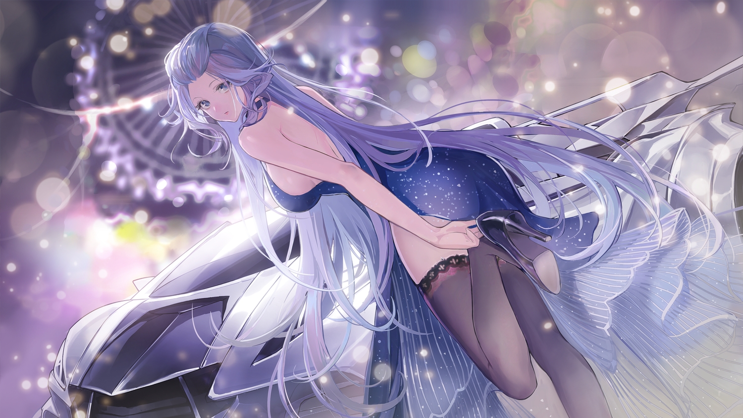 ao_la_xing, ass, blue_eyes, blue_hair, car, dress, long_hair, night, thighhighs, zuo600