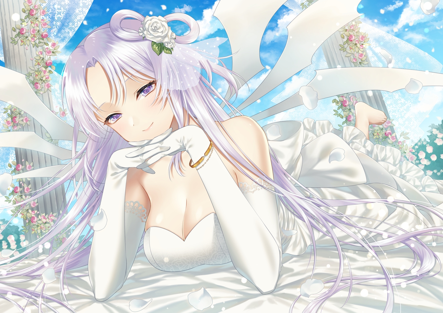 barefoot, blush, breasts, cleavage, clouds, dress, elbow_gloves, flowers, gloves, kirisita, long_hair, petals, purple_eyes, purple_hair, rose, shinki, sky, touhou, wedding_attire, wings