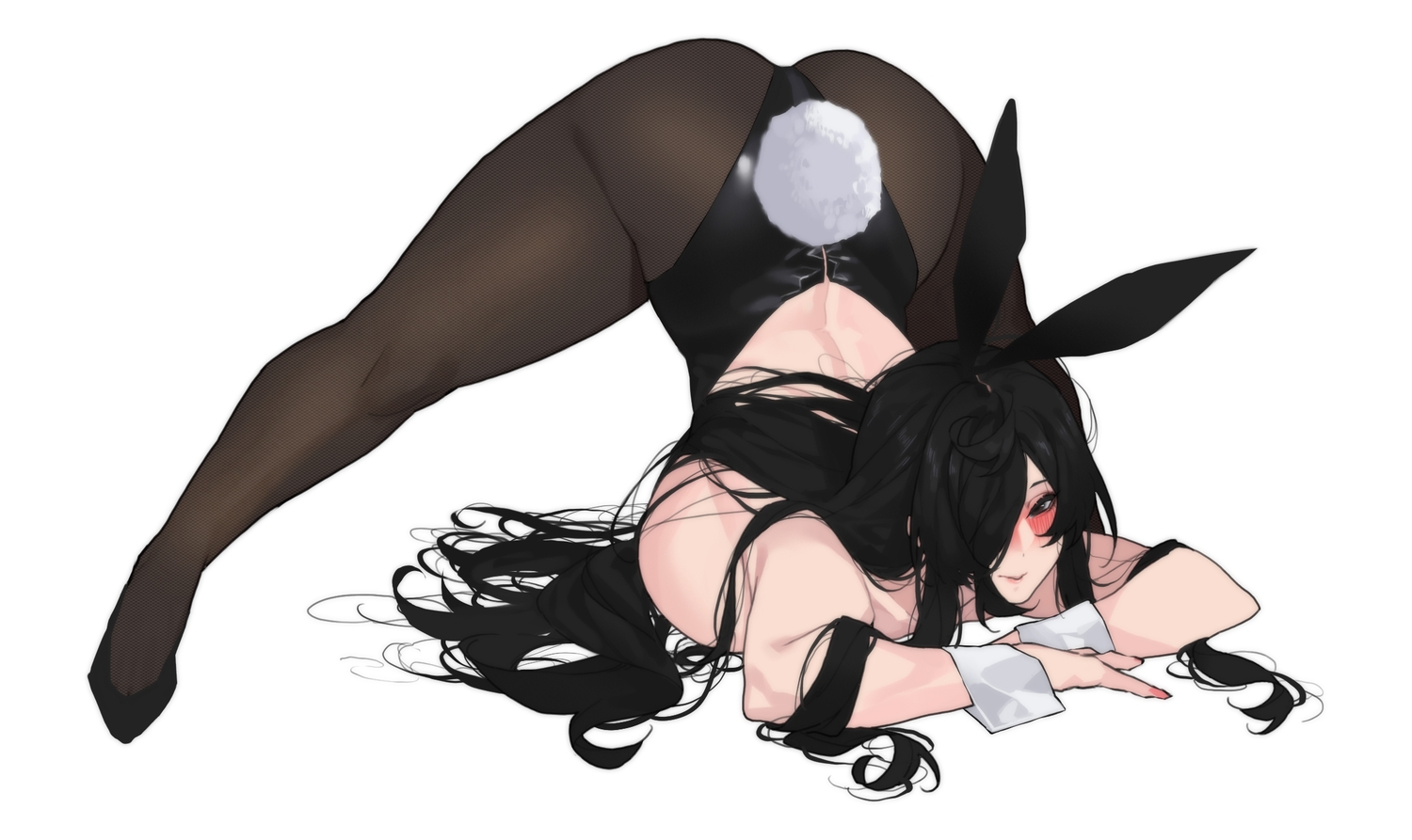 animal_ears, ass, black_eyes, black_hair, blush, breasts, bunny_ears, bunnygirl, long_hair, mimyo, original, pantyhose, parody, spread_legs, tail, white