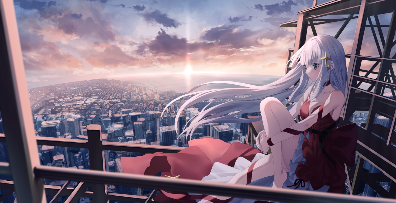 building, choker, city, clouds, dress, gray_hair, industrial, jimmy_madomagi