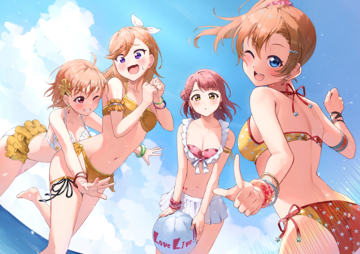 ball, bikini, blue_eyes, blush, brown_hair, clouds, group, kousaka_honoka
