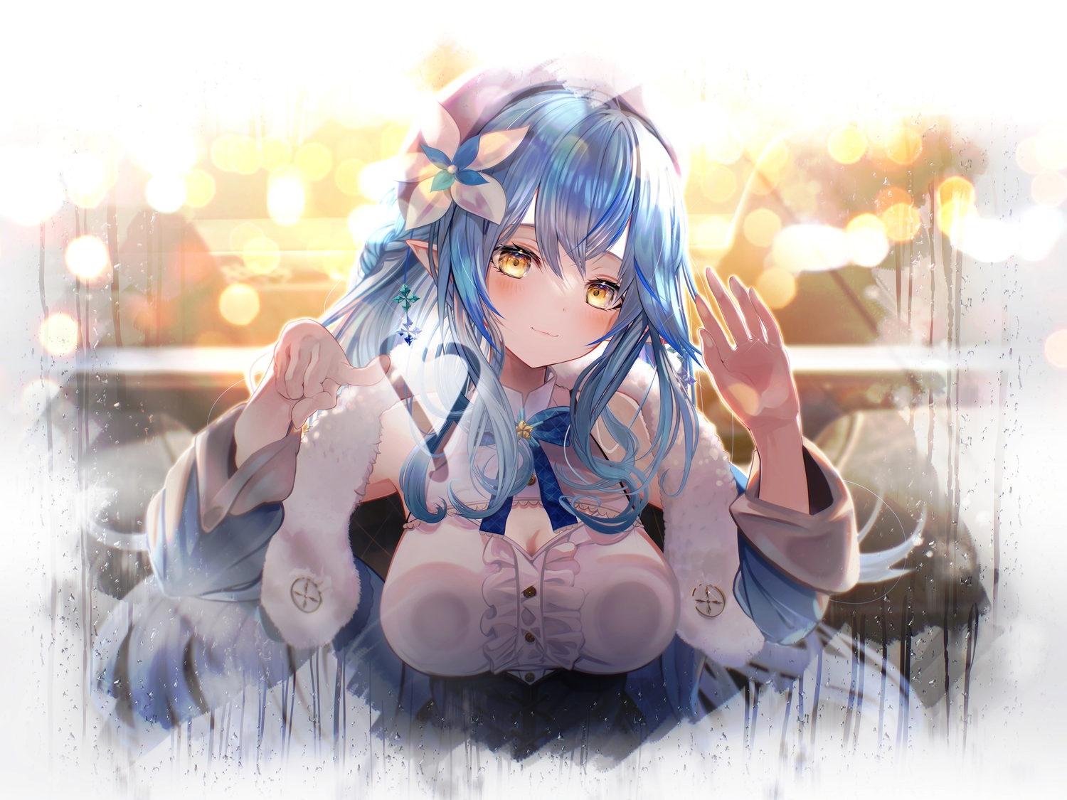 blue_hair, blush, fugutai_ten, heart, hololive, long_hair, pointed_ears, yellow_eyes, yukihana_lamy