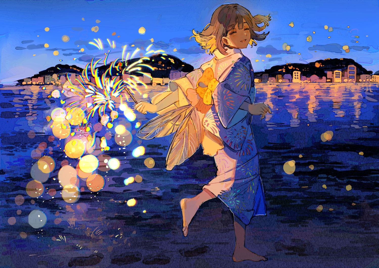 barefoot, beach, brown_hair, building, city, clouds, fireworks, japanese_clothes, night, original, polychromatic, qooo003, reflection, short_hair, sky, summer, water, wings, yukata