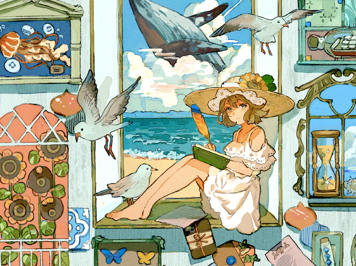 animal, aqua_eyes, barefoot, beach, bird, book, brown_hair, butterfly