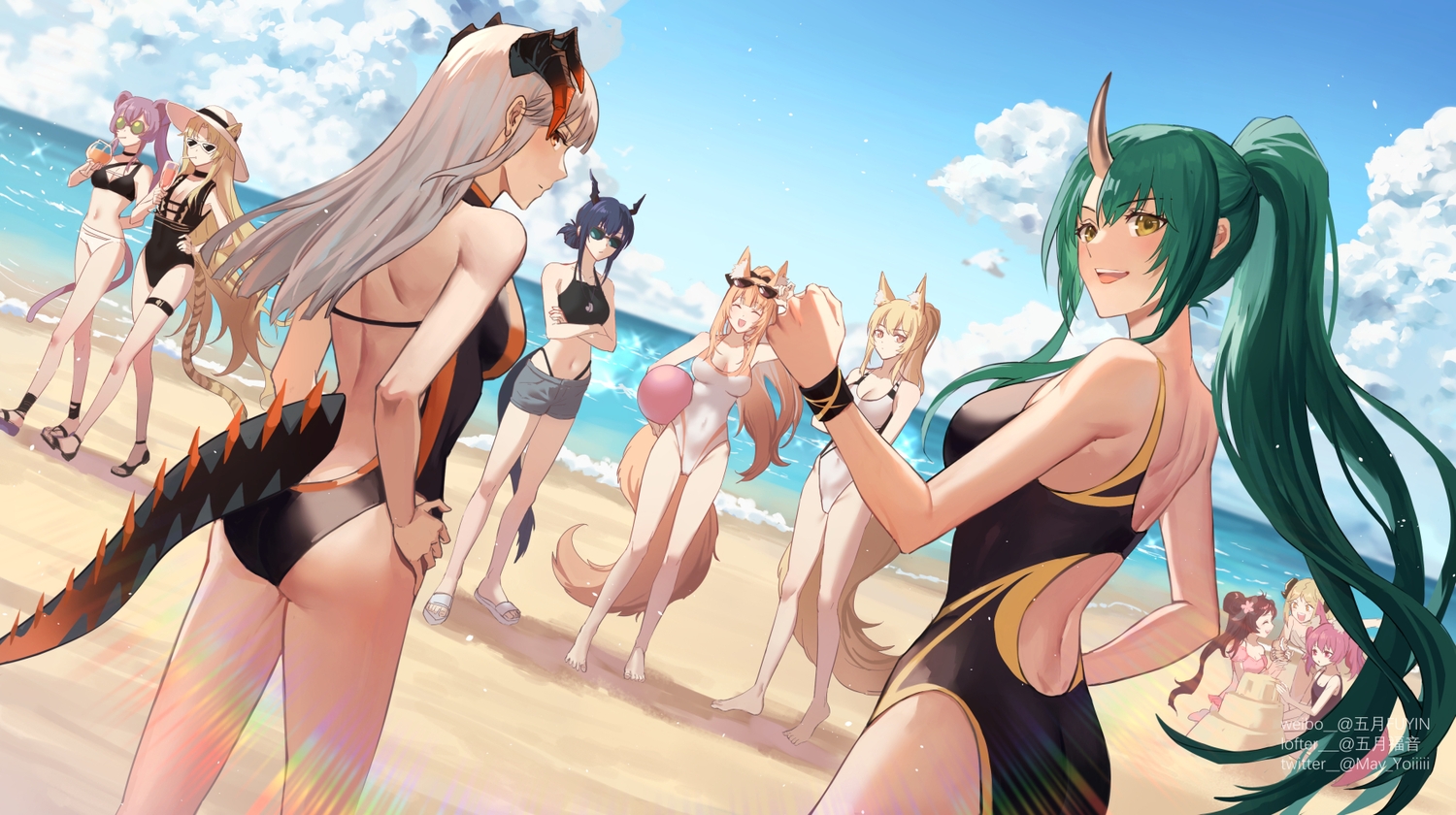 animal_ears, arknights, beach, bikini, blemishine_(arknights), catgirl, ch'en_(arknights), eyjafjalla_(arknights), foxgirl, gogatsu_fukuin, group, hat, horns, hoshiguma_(arknights), ifrit_(arknights), lin_(arknights), long_hair, mousegirl, nearl_(arknights), saria_(arknights), shamare_(arknights), sheepgirl, sunglasses, swimsuit, swire_(arknights), tail, water, watermark