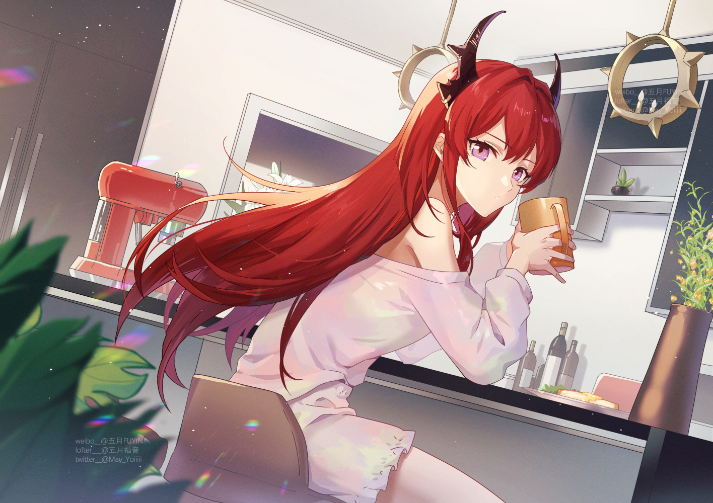 aliasing, arknights, dress, drink, food, gogatsu_fukuin, horns, long_hair