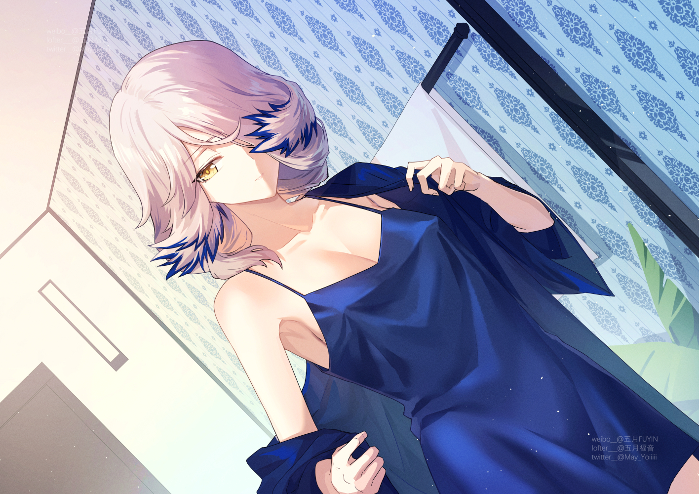 arknights, dress, erect_nipples, gogatsu_fukuin, gray_hair, open_shirt, orchid_(arknights), watermark, yellow_eyes