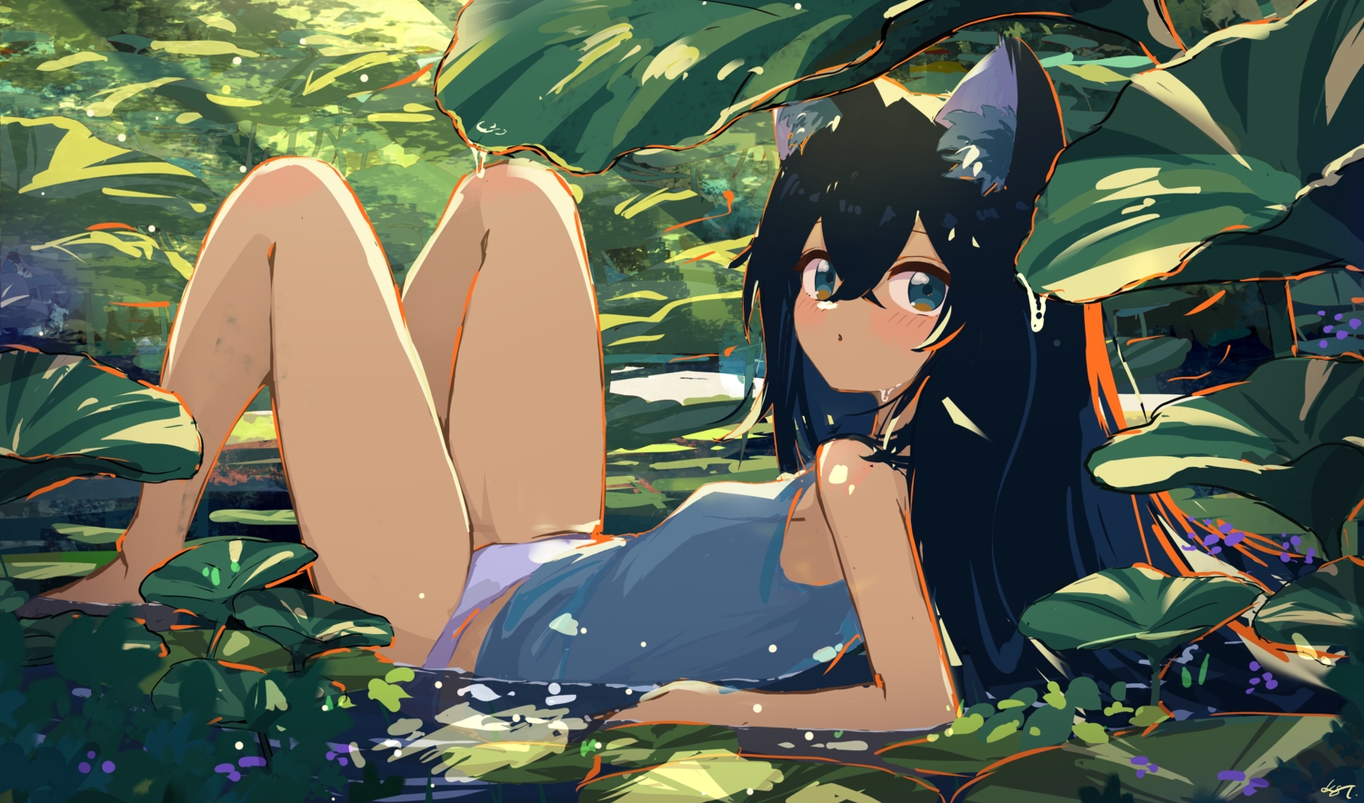 animal_ears, aqua_eyes, black_hair, blush, foxgirl, green, kgt_(pixiv12957613), leaves