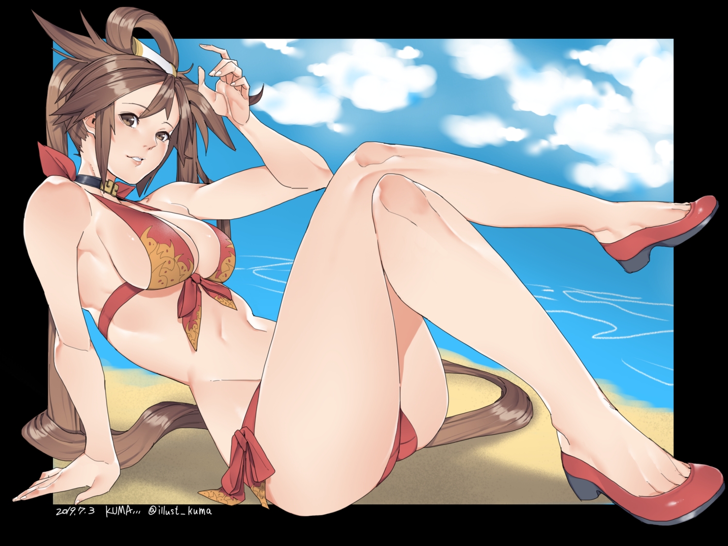 ass, beach, bikini, breasts, brown_eyes, brown_hair, choker, cleavage