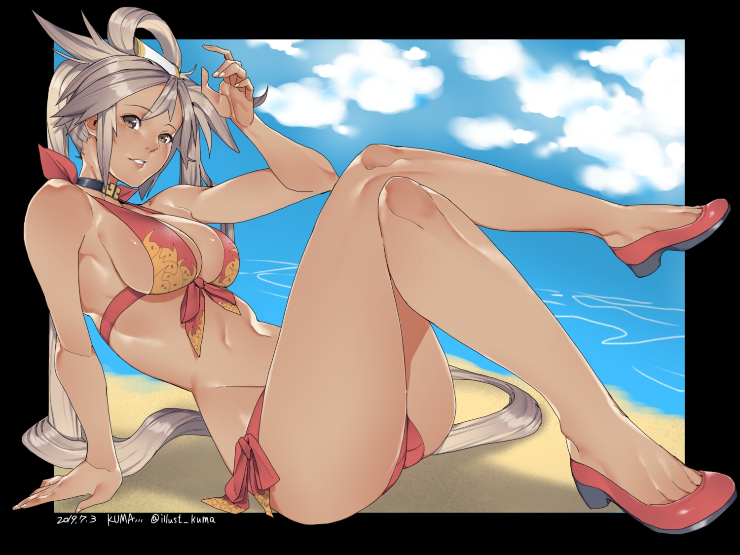 ass, beach, bikini, breasts, brown_eyes, brown_hair, choker, cleavage