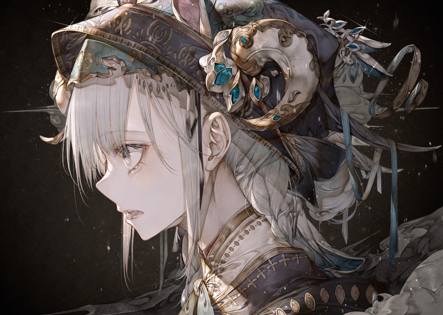 animal_ears, braids, close, gray_eyes, gray_hair, headdress, hito_komoru, horns