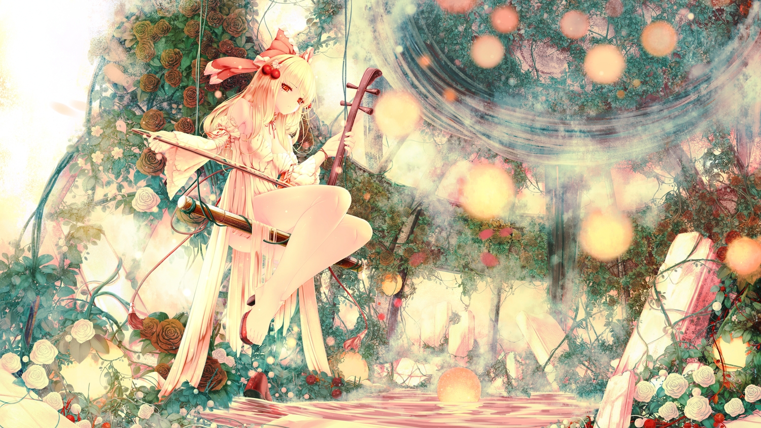 blonde_hair, breasts, cleavage, dress, flowers, headband, instrument, long_hair, orange_eyes, polychromatic, rose, satsuki_rin, seelehan, touhou, water