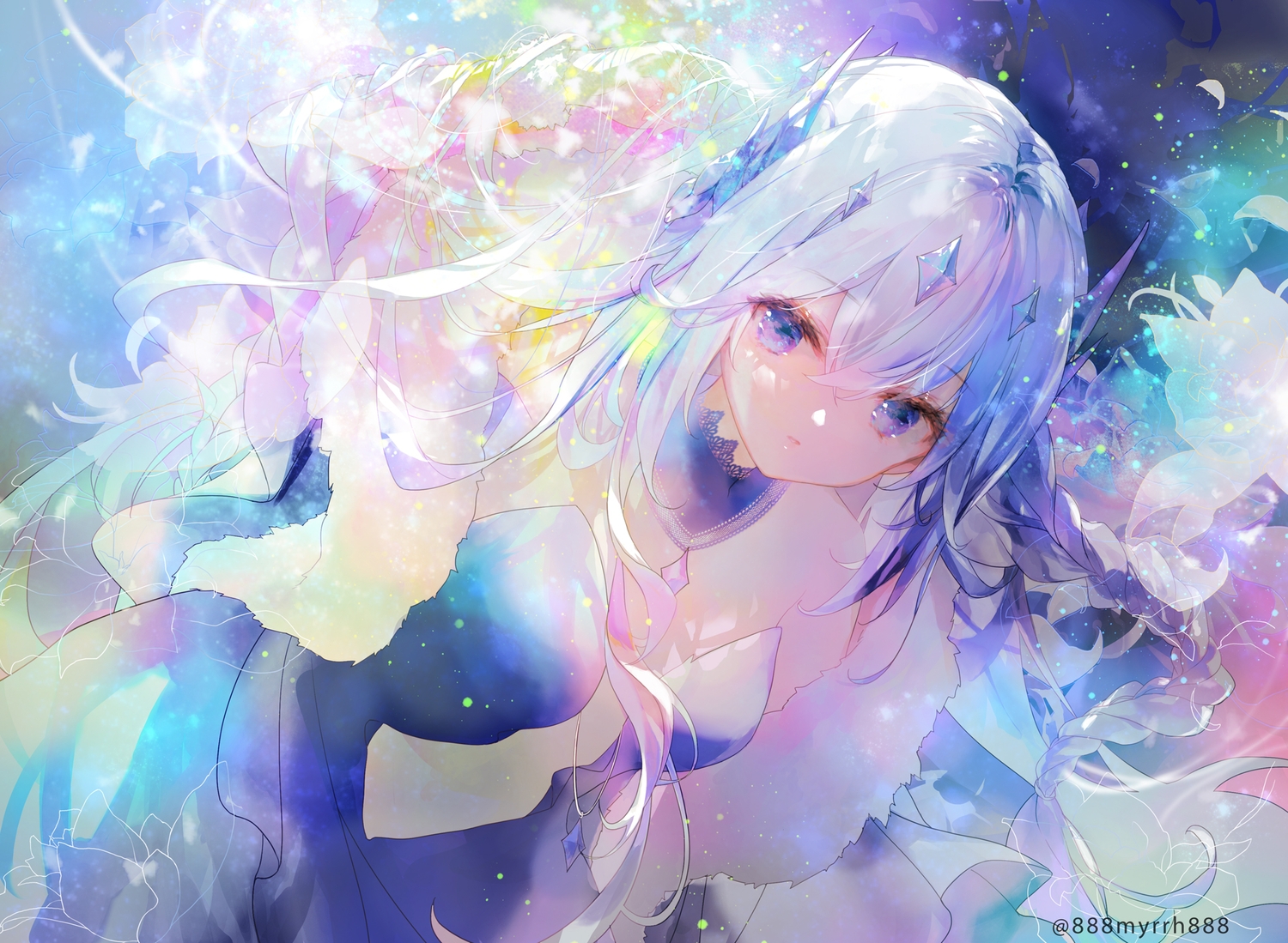 888myrrh888, braids, dress, gray_hair, long_hair, original, polychromatic, ponytail
