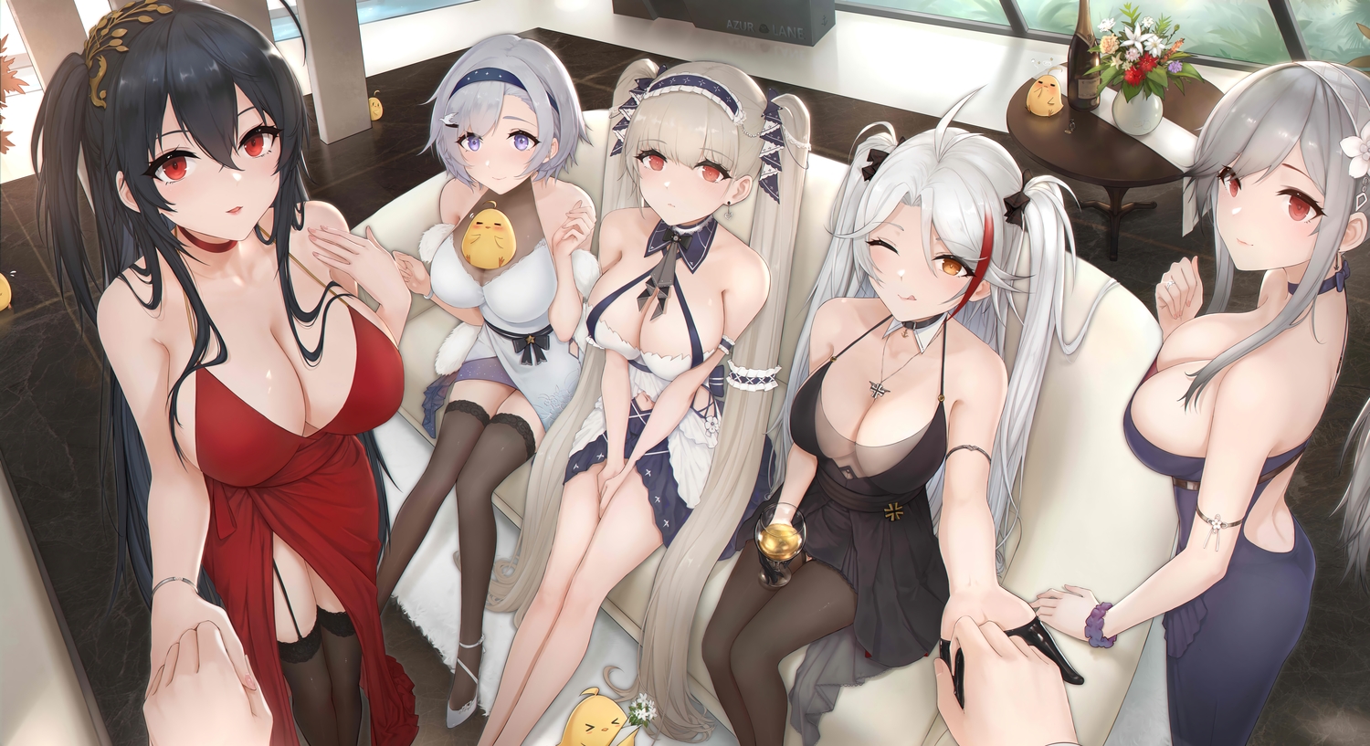 animal, anthropomorphism, azur_lane, bird, black_hair, breasts, choker, cleavage, dress, drink, dunkerque_(azur_lane), evan_(912319), formidable_(azur_lane), garter_belt, gloves, gray_hair, group, headband, manjuu_(azur_lane), necklace, pantyhose, prinz_eugen_(azur_lane), red_eyes, reno_(azur_lane), taihou_(azur_lane), thighhighs, twintails, white_hair, wink, wristwear