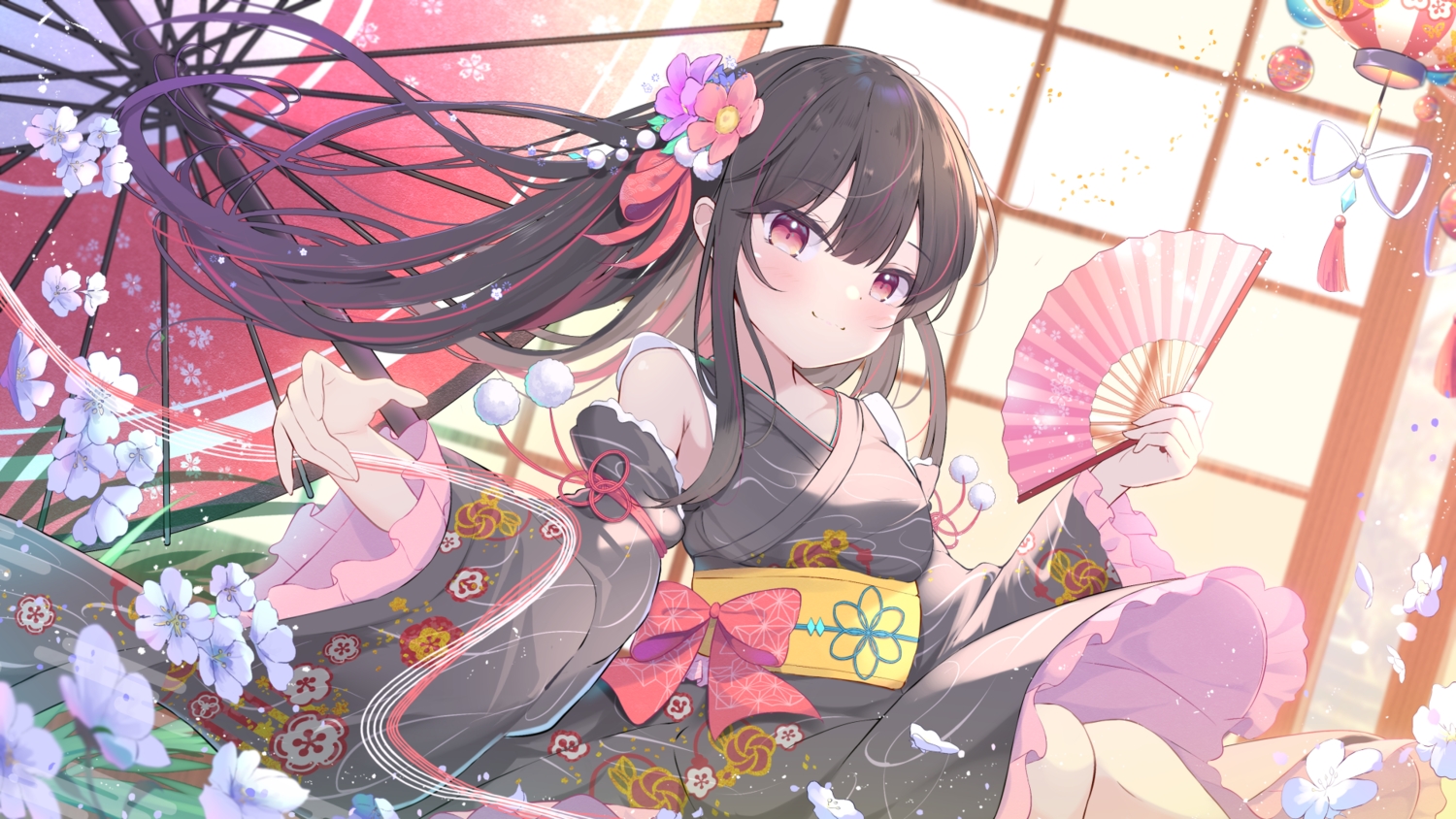 blush, brown_hair, fan, flowers, japanese_clothes, kimono, lolita_fashion, long_hair