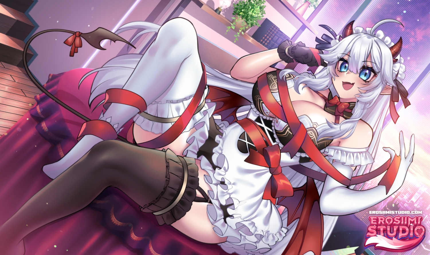 aqua_eyes, bow, breasts, cat_smile, cleavage, demon, elbow_gloves, fang