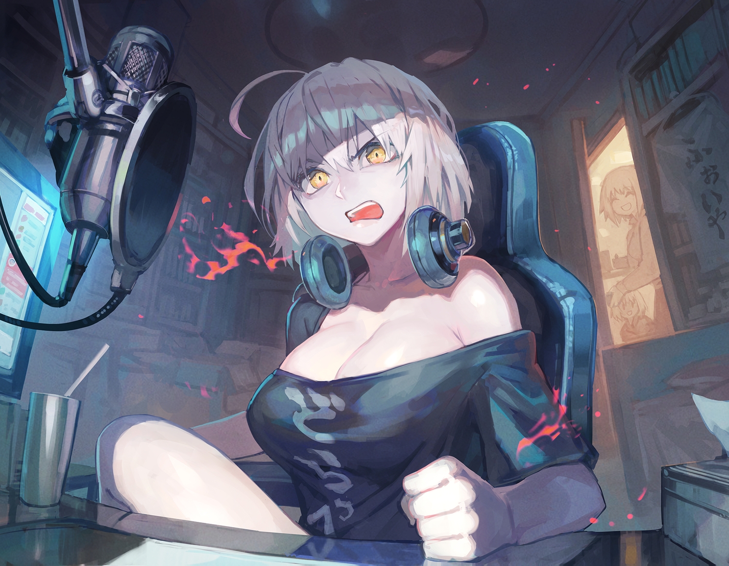 breasts, cleavage, computer, drink, fate/grand_order, fate_(series), fire, gray_hair
