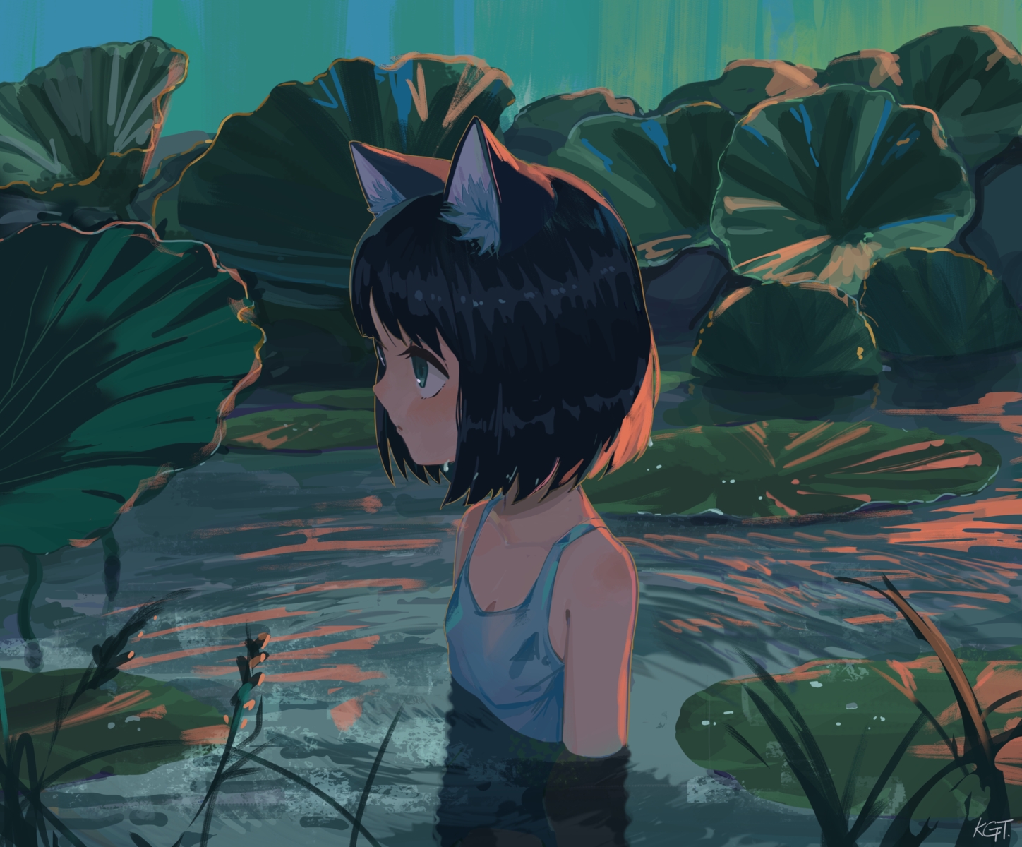 animal_ears, black_hair, foxgirl, green_eyes, kgt_(pixiv12957613), leaves, original, short_hair