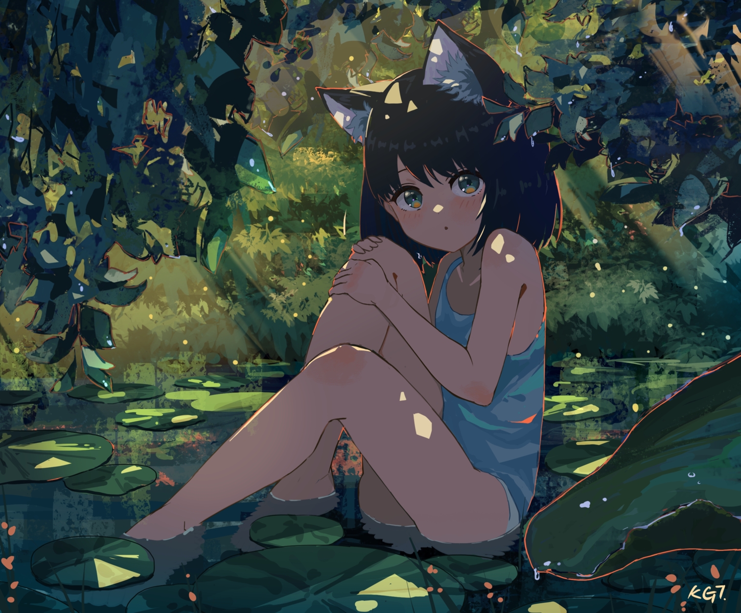 animal_ears, black_hair, blush, forest, foxgirl, green, green_eyes, kgt_(pixiv12957613), leaves, original, shade, short_hair, signed, tree, water