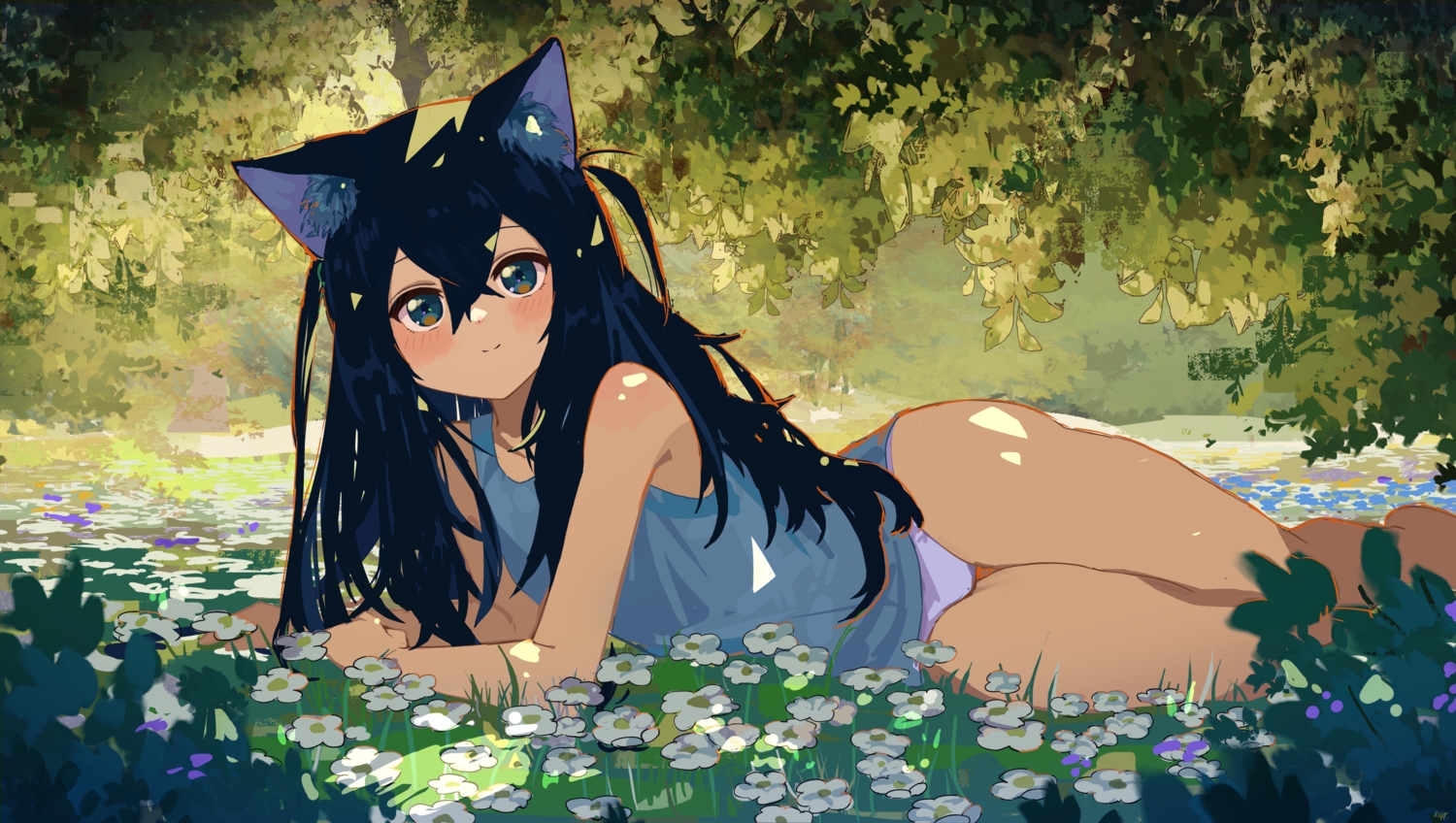 animal_ears, black_eyes, black_hair, blush, flowers, forest, foxgirl, grass
